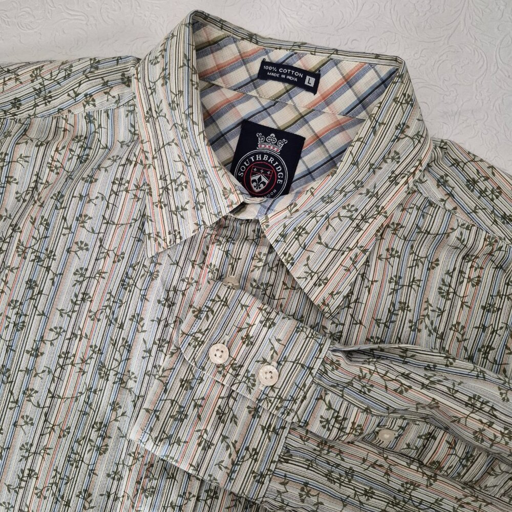 Southbridge Mens L Floral Nature Cotton Long Sleeve Button Up Shirt Blue Green